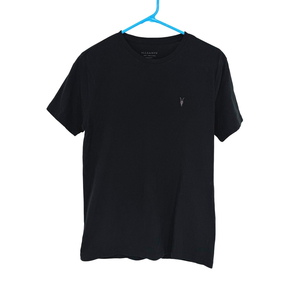 AllSaints Crew T-Shirt Mens Small Black Ramskull Embroidered Cotton Tee Crewneck